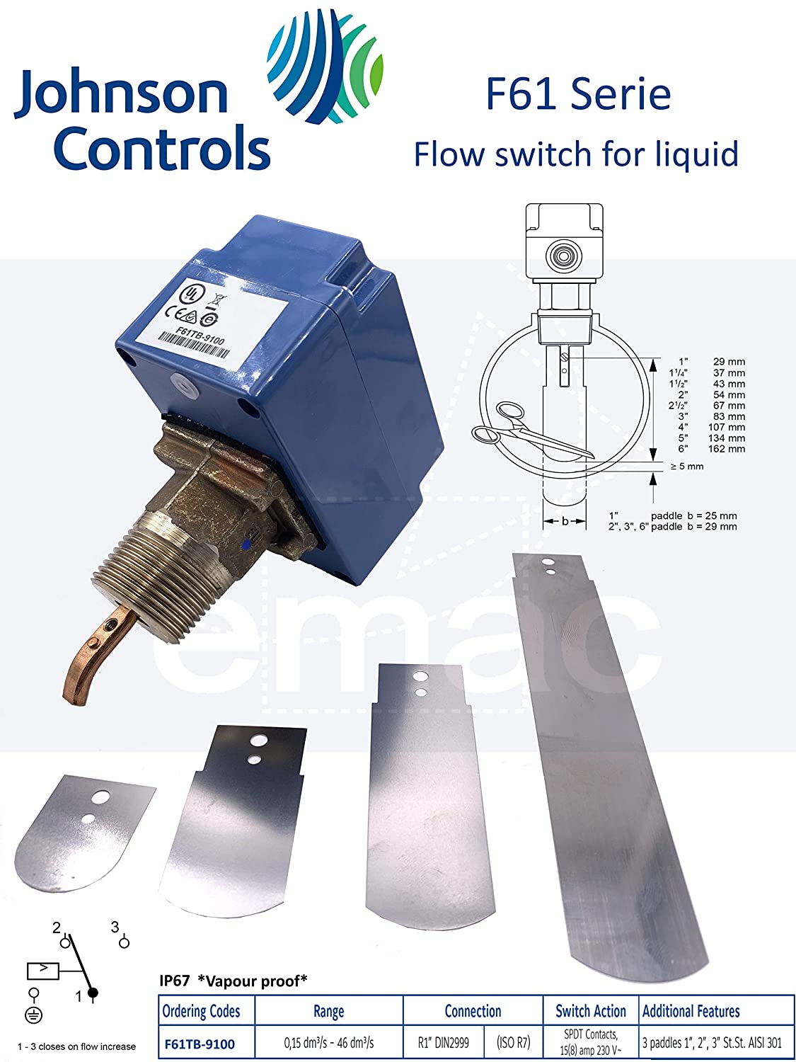 Реле протока Johnson Controls F61TB-9100  (морская вода)