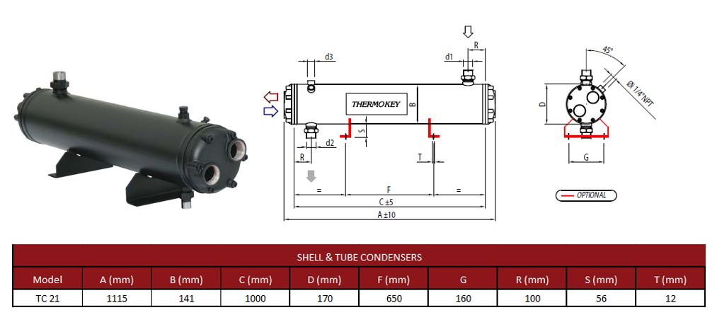 Конденсатор кожухотрубный Thermokey серии «TC» 21 кВт, R407c, Tk=+33.5 , Tw +15 / +30, TC 21