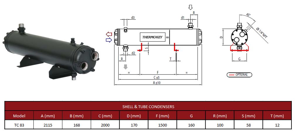 Конденсатор кожухотрубный Thermokey серии «TC» 83 кВт, R407c, Tk=+33.5 , Tw +15 / +30, TC 83