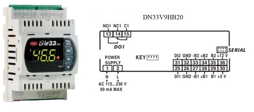 УНИВЕРСАЛЬНЫЙ КОНТРОЛЛЕР CAREL DN33, 2 Multi- inputs, 1 relay, BUZ, IR, 115 to 230 Vac, RTC