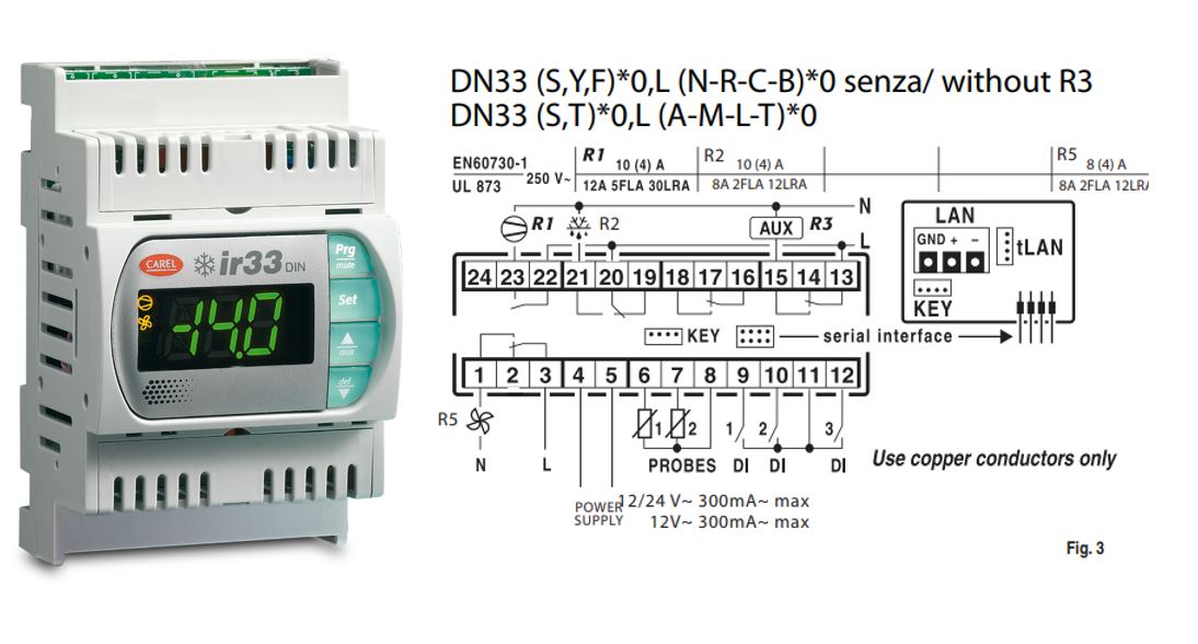 КОНТРОЛЛЕР CAREL IR33 DIN 16A 12 TO 24 VAC IR BUZ 2NTC 3D.I. SCREW TERMINALS
