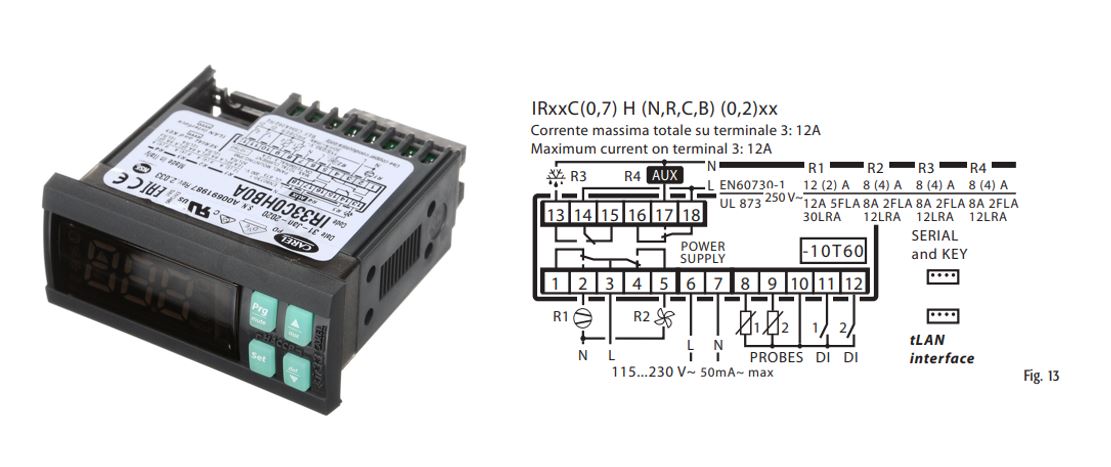 КОНТРОЛЛЕР CAREL,  IR33 16A 8A 8A 8A 115/230VAC BUZ 2NTC 2DI IR RTC MORSETTI A VITE DISPLAY BLU