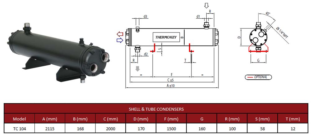 Конденсатор кожухотрубный Thermokey серии «TC» 104 кВт, R407c, Tk=+33.5 , Tw +15 / +30, TC 104