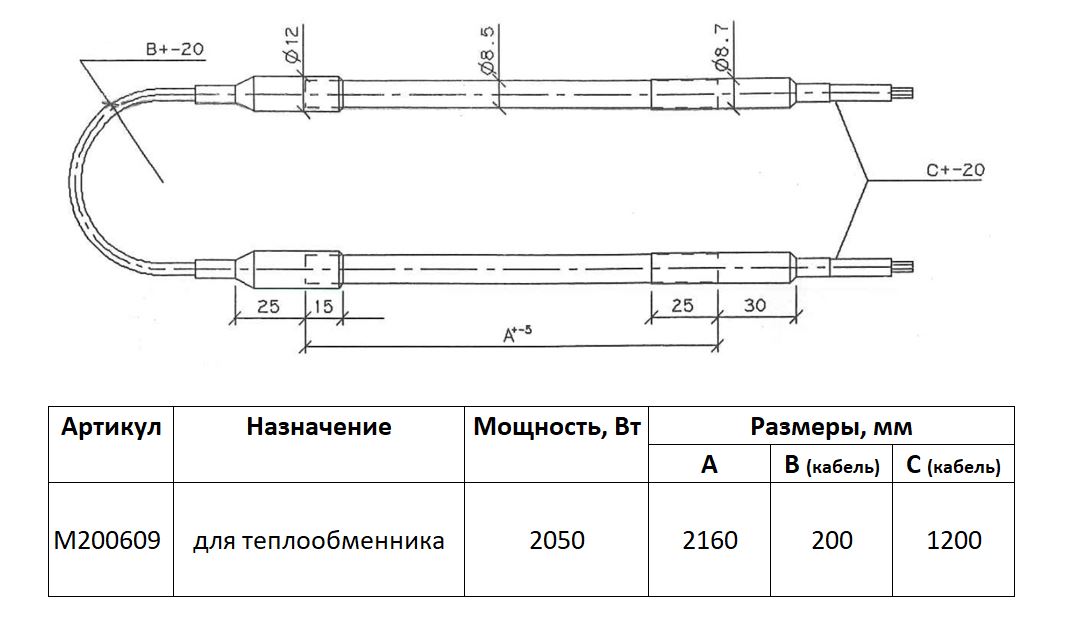 ТЭН теплообменника ThermoKey M200609 (2,05 кВт; 2160 мм, 8,5 мм)