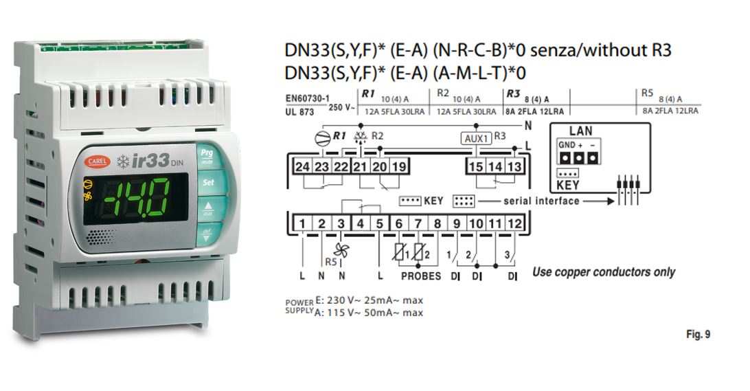 КОНТРОЛЛЕР CAREL IR33 DIN 16A, 8A 230 VAC 2NTC 3D.I. BUZ SCREW TERMINALS