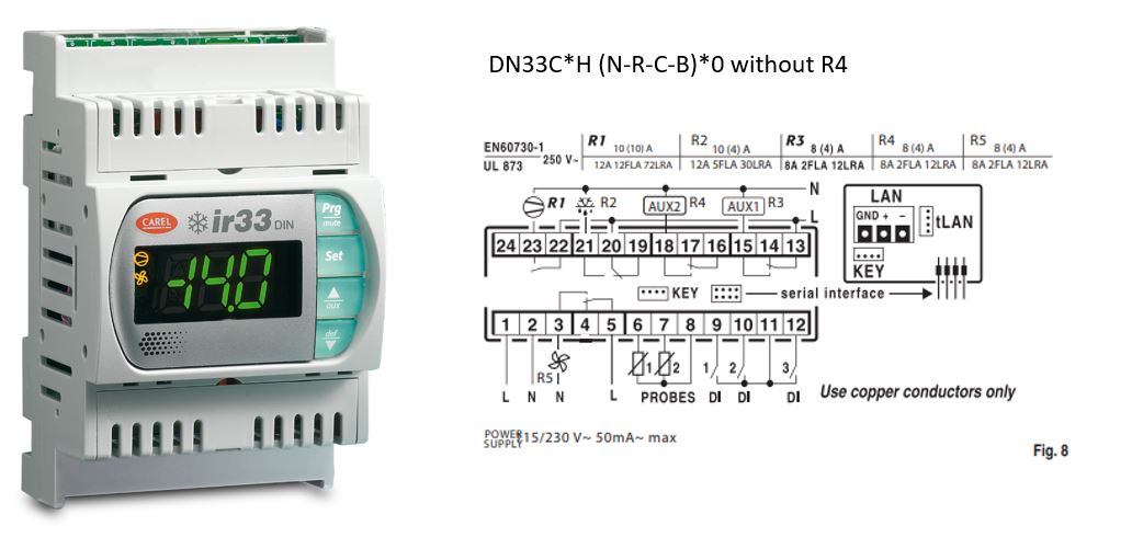 КОНТРОЛЛЕР CAREL IR33 DIN 2HP, 16A, 8A, 8A RTC IR 115 TO 230 VAC BUZ 2NTC 3D.I. SCREW TERMINALS