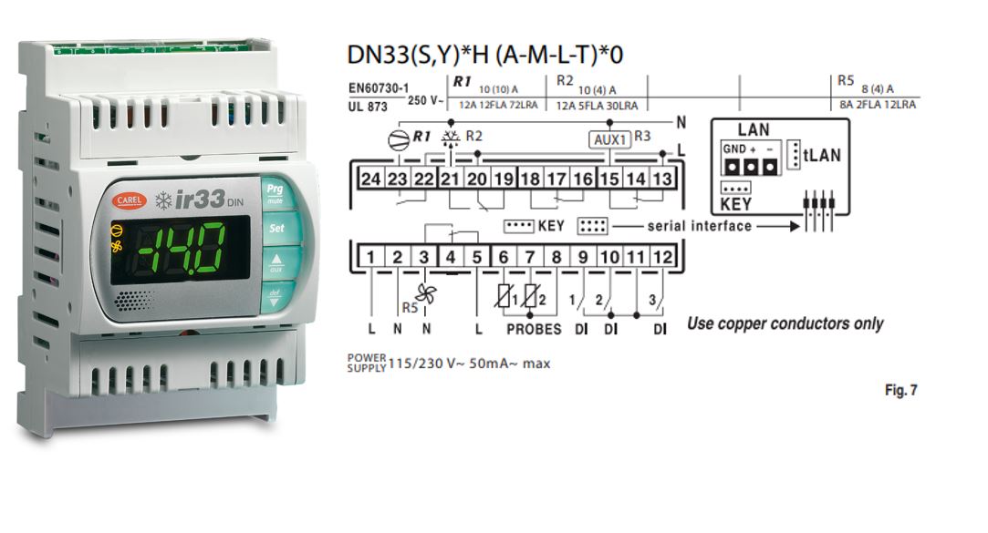 КОНТРОЛЛЕР CAREL IR33 DIN 2HP, 8A 115 TO 230 VAC 2NTC 3D.I. BUZ SCREW TERMINALS