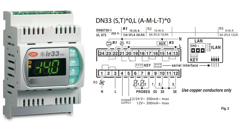 КОНТРОЛЛЕР CAREL IR33 DIN 16A, 8A 12 V 2NTC 3D.I. BUZ SCREW TERMINALS