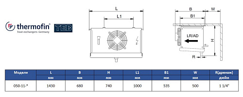 Воздухоохладитель Thermofin серии TEB, 050-11-F-N-W5-070-E, 7 мм, 1*500мм, 18,9 кВт/ 15,1 кВт (SC2 / SC3)