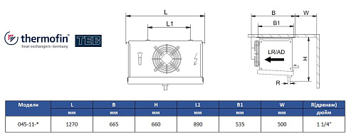 Воздухоохладитель Thermofin серии TEB, 045-11-C-N-W5-070-E, 7 мм, 1*450мм, 8,6 кВт/ 5,8 кВт (SC2 / SC3)