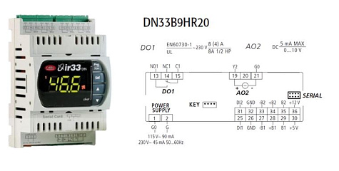 КОНТРОЛЛЕР УНИВЕРСАЛЬНЫЙ CAREL DN33 UNIV 2 UNIVERSAL INPUTS, 1D.O.+1A.O., BUZ, IR, 115 TO 230 VAC