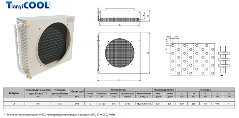 Конденсатор T-COOL  D8, 8,8 кВт, R404A,  ∆T=15 K, 1*350 мм (без вентилятора)