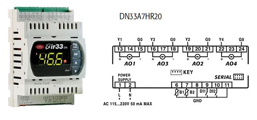 КОНТРОЛЛЕР УНИВЕРСАЛЬНЫЙ CAREL DN33 UNIV 2NTC/PTC/PT1000, 4SSR, BUZ, IR, 115 to 230 Vac