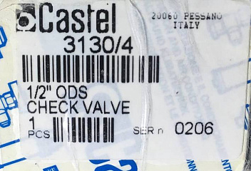 КЛАПАН ОБРАТНЫЙ CASTEL  Check Valve 1/2" ODS, 3130/4