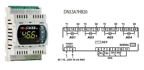 КОНТРОЛЛЕР УНИВЕРСАЛЬНЫЙ CAREL DN33 UNIV 2NTC/PTC/PT1000, 4SSR, BUZ, IR, 115 to 230 Vac, RTC