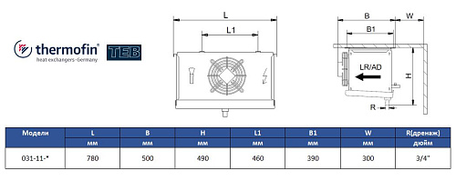 Воздухоохладитель Thermofin серии TEB, 031-11-C-N-W5-060-E, 6 мм, 1*310мм, 2,7 кВт/ 1,9 кВт (SC2 / SC3)